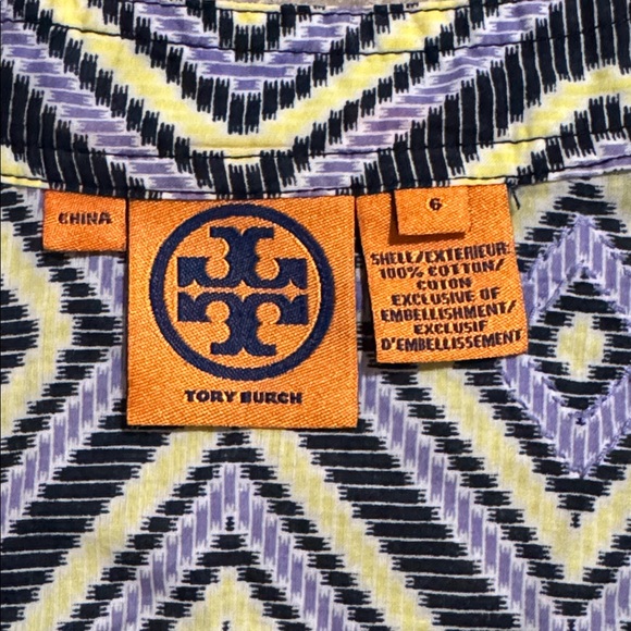 Tory Burch Stephanie Beaded Geometric Aztec Print Blouse Purple Yellow-6 - Picture 8 of 9